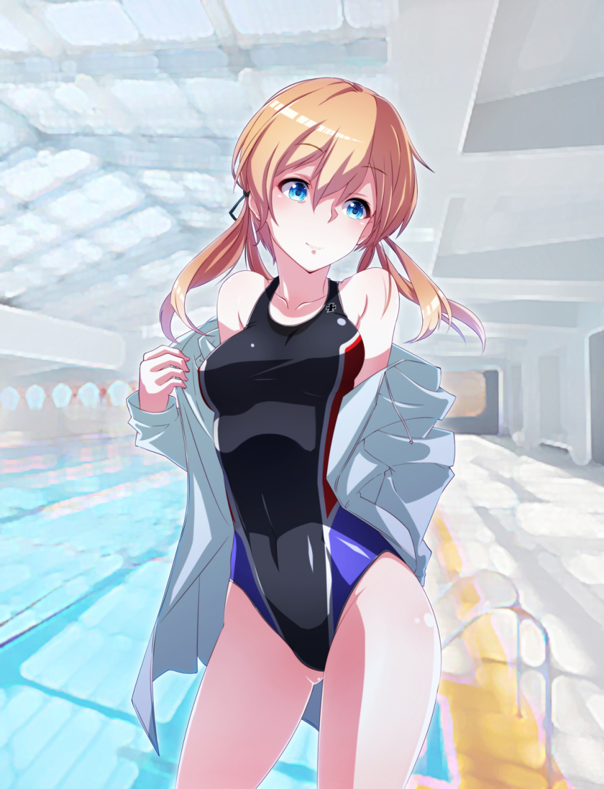 10s, 1girl, blonde_hair, blue_eyes, competition_swimsuit, cross, female_focus, gluteal_fold