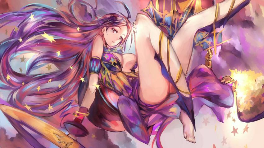 1girl, breasts, duplicate, eschamali_(p&amp;d), female_focus, highres, large_breasts, long_hair, mi_bait, purple_hair, puzzle_&amp;_dragons, solo