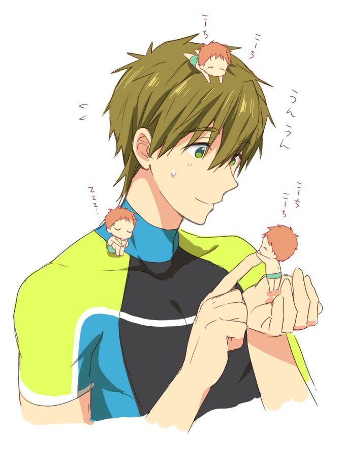 10s, 2boys, blush, brown_hair, free!, green_eyes, male_focus, mini_person