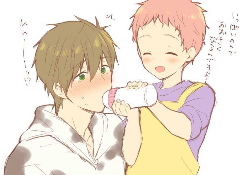 10s, 2boys, @_@, animal_print, blush, bottle, brown_hair, closed_eyes