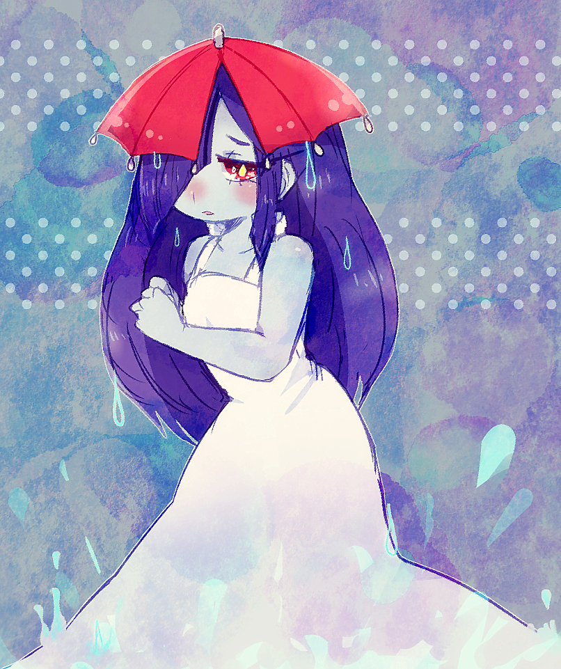 10s, 1girl, ameonna_(youkai_watch), bad_id, bad_pixiv_id, blue_skin, blush, colored_skin, dress, female_focus, hair_over_one_eye, long_hair, purple_hair, rurunankonanta, solo, traditional_youkai, umbrella, white_dress, youkai_watch