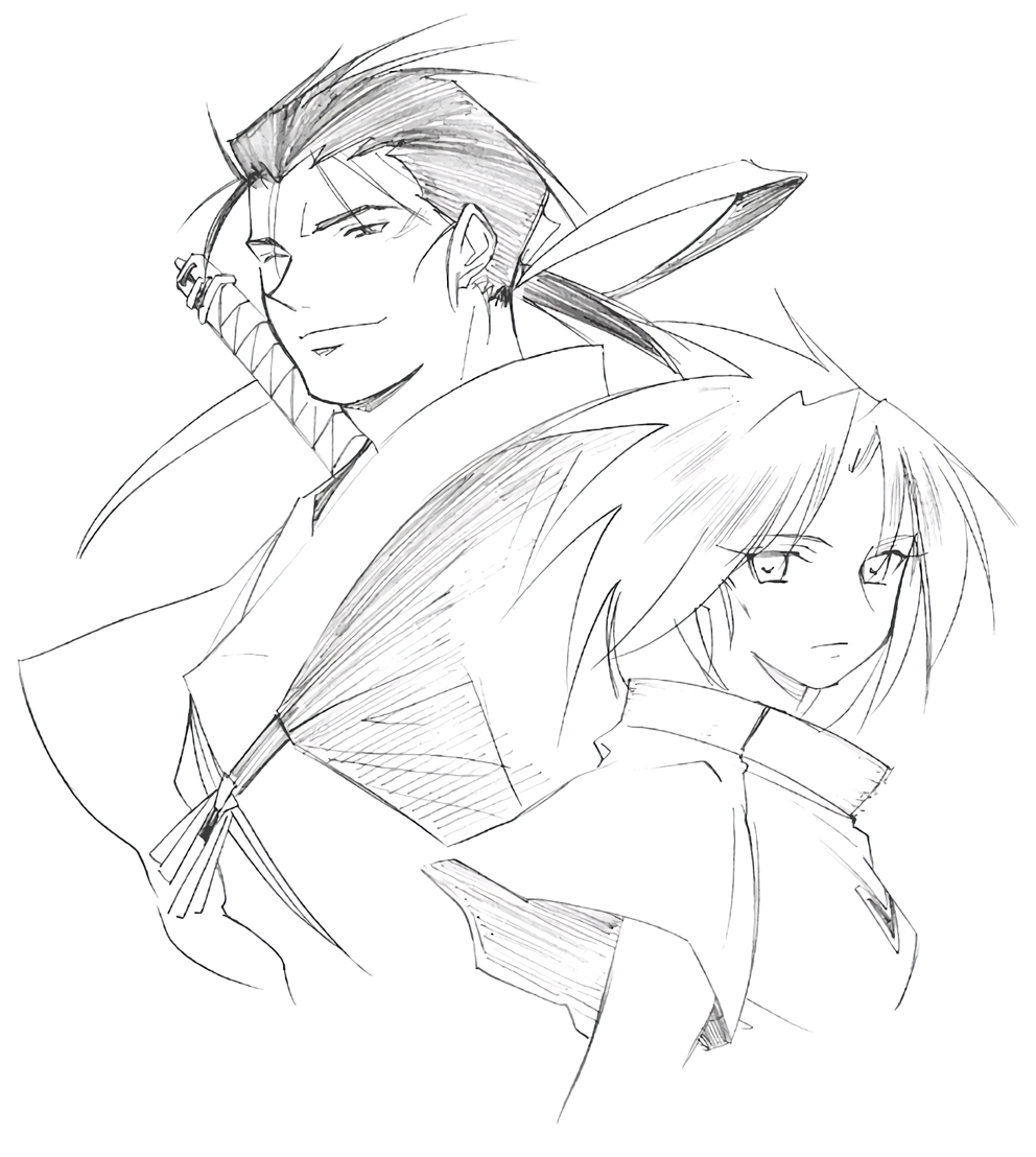 1boy, 1girl, black_hair, fan_gamma_bizen, greyscale, kaiouki, long_hair, maia_swall_ontanella