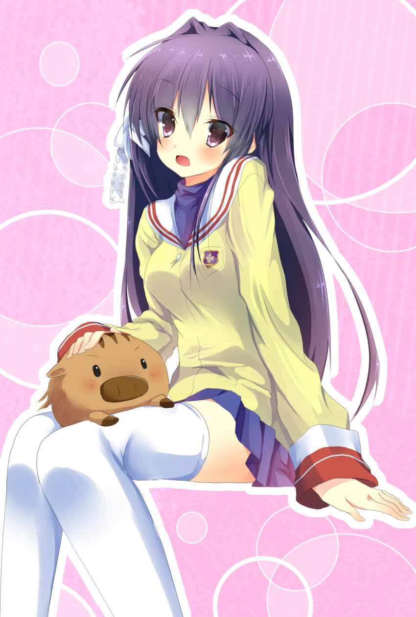 00s, 1girl, boar, botan_(clannad), clannad, fujibayashi_kyou, hair_ribbon, highres