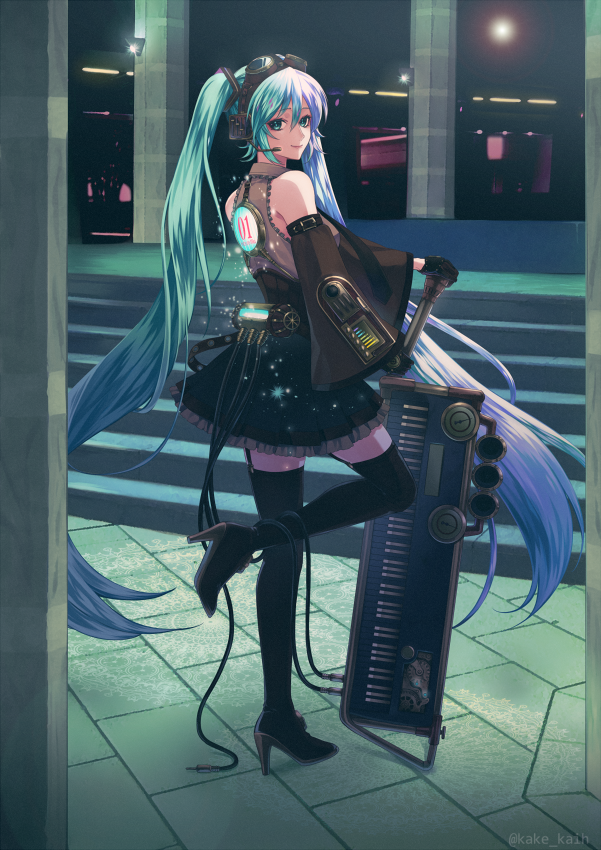 1girl, bad_id, bad_pixiv_id, black_boots, black_thighhighs, boots, detached_sleeves, female_focus, gloves, goggles, goggles_on_head, hatsune_miku, headset, high_heel_boots, high_heels, instrument, kake_(kuromitsu), keyboard_(instrument), long_hair, looking_at_viewer, microphone, necktie, skirt, solo, stairs, thigh_boots, thighhighs, twintails, very_long_hair, vocaloid