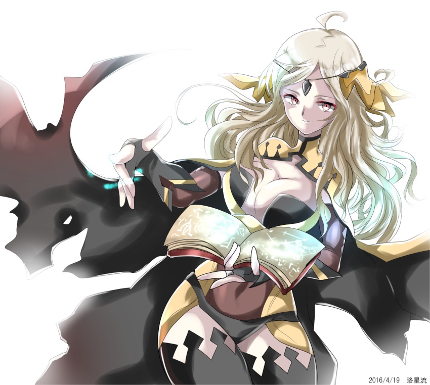 1girl, abfbfygo, ahoge, artist_name, bad_id, bad_pixiv_id, black_cape, black_panties, blonde_hair, bodysuit, book, breasts, cape, circlet, cleavage, dated, elbow_gloves, female_focus, fire_emblem, fire_emblem_fates, gloves, large_breasts, long_hair, magic, nintendo, ophelia_(fire_emblem), panties, runes, simple_background, solo, thighhighs, thighs, torn_cape, torn_clothes, underwear