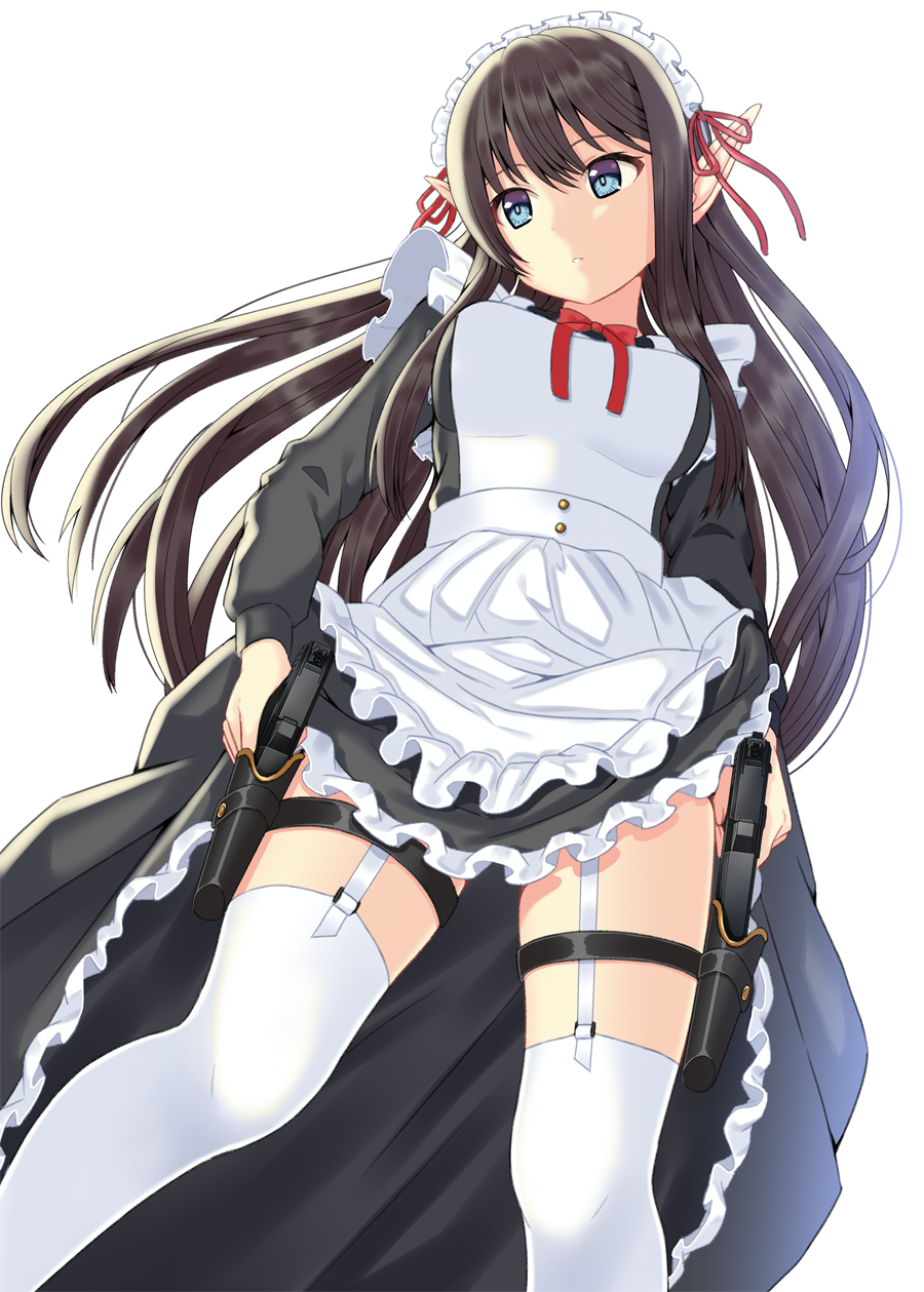 1girl, apron, black_hair, blue_eyes, bow, commentary_request, dress, dual_wielding, elf, female_focus, frilled_apron, frilled_dress, frills, from_below, garter_straps, gun, handgun, highres, holding, holster, long_hair, looking_away, maid, maid_apron, maid_headdress, original, pointy_ears, red_bow, red_ribbon, ribbon, simple_background, solo, thighhighs, toujou_mina, weapon, white_background, white_thighhighs