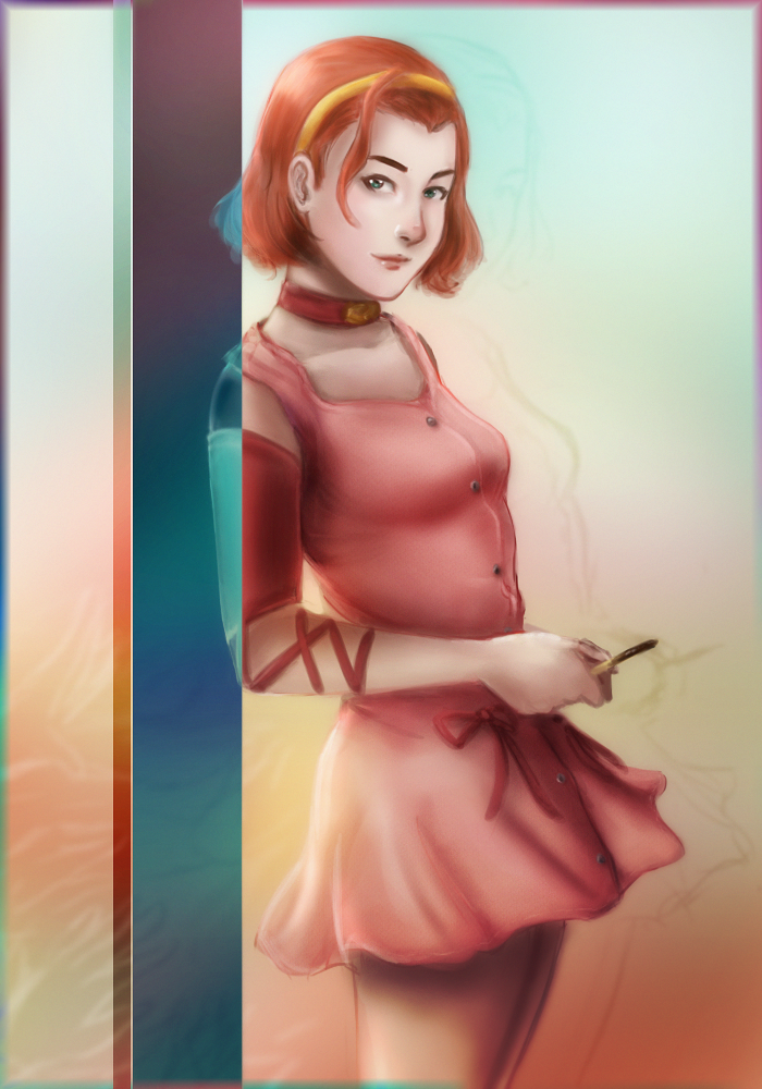 1girl, arm_warmers, choker, chooone, dress, female_focus, food, green_eyes, hairband, holding, jojo_no_kimyou_na_bouken, pink_dress, pocky, red_hair, short_hair, smile, solo, sugimoto_reimi