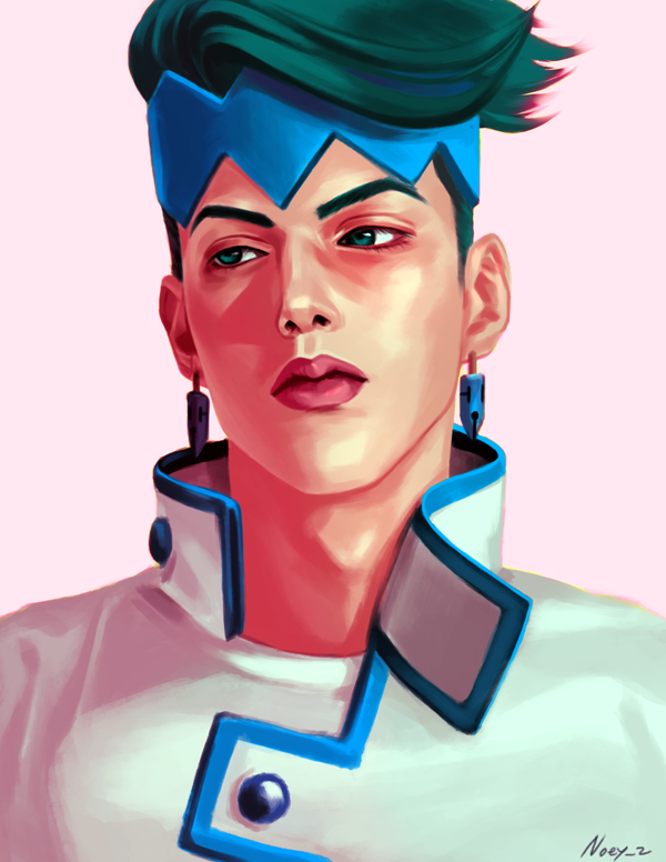 1boy, adam's_apple, artist_name, earrings, green_eyes, green_hair, headband, jewelry