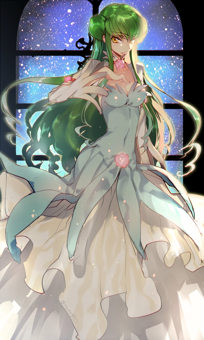 1girl, breasts, c.c., cleavage, code_geass, cosplay, covered_navel, creayus