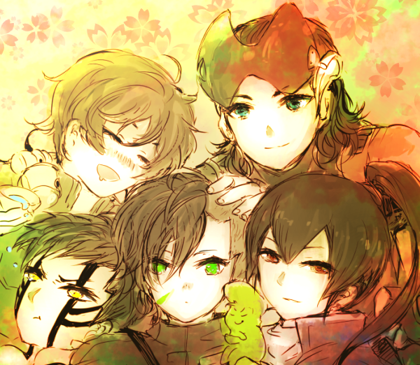 6+boys, :t, alcohol, aleph_(megami_tensei), bad_id, bad_pixiv_id, closed_eyes, demi-fiend