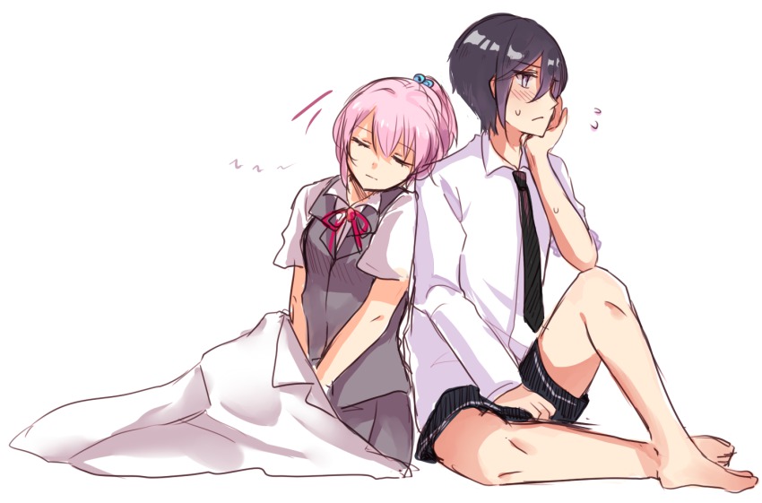 10s, 1boy, 1girl, black_hair, blush, crossover, closed_eyes, flora_blossom