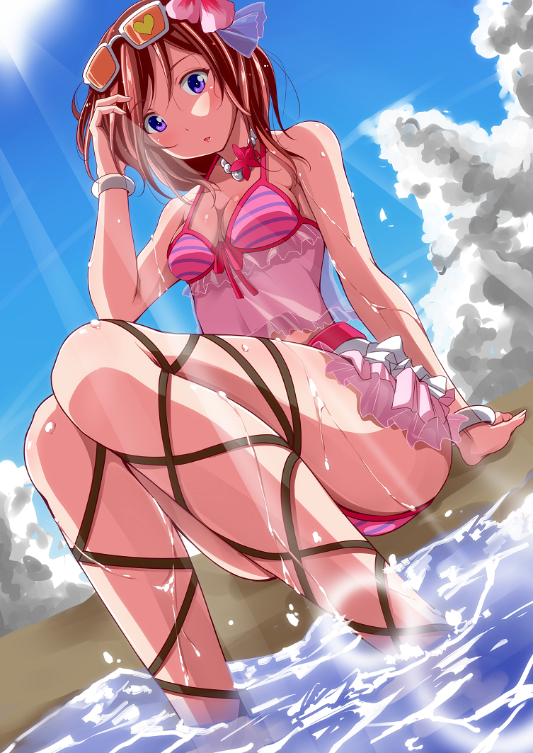 10s, 1girl, akihila, blush, breasts, brown_hair, cleavage, cloud