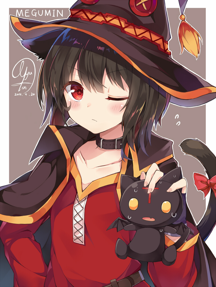 10s, 1girl, black_hair, blush, brown_background, cape, cat, character_name, chomusuke, collar, commentary_request, dated, dress, female_focus, fingerless_gloves, gloves, hat, kono_subarashii_sekai_ni_shukufuku_wo!, looking_at_viewer, megumin, myuton, one_eye_closed, outside_border, red_dress, red_eyes, short_hair, simple_background, solo, witch_hat
