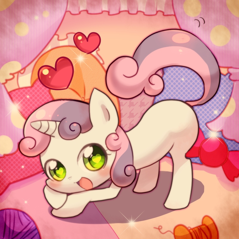1girl, araragi_natsuki, blush, green_eyes, hasbro, heart, heart-shaped_pupils, my_little_pony, my_little_pony:_friendship_is_magic, pillow, sweetie_belle, symbol-shaped_pupils, top-down_bottom-up, unicorn, yarn