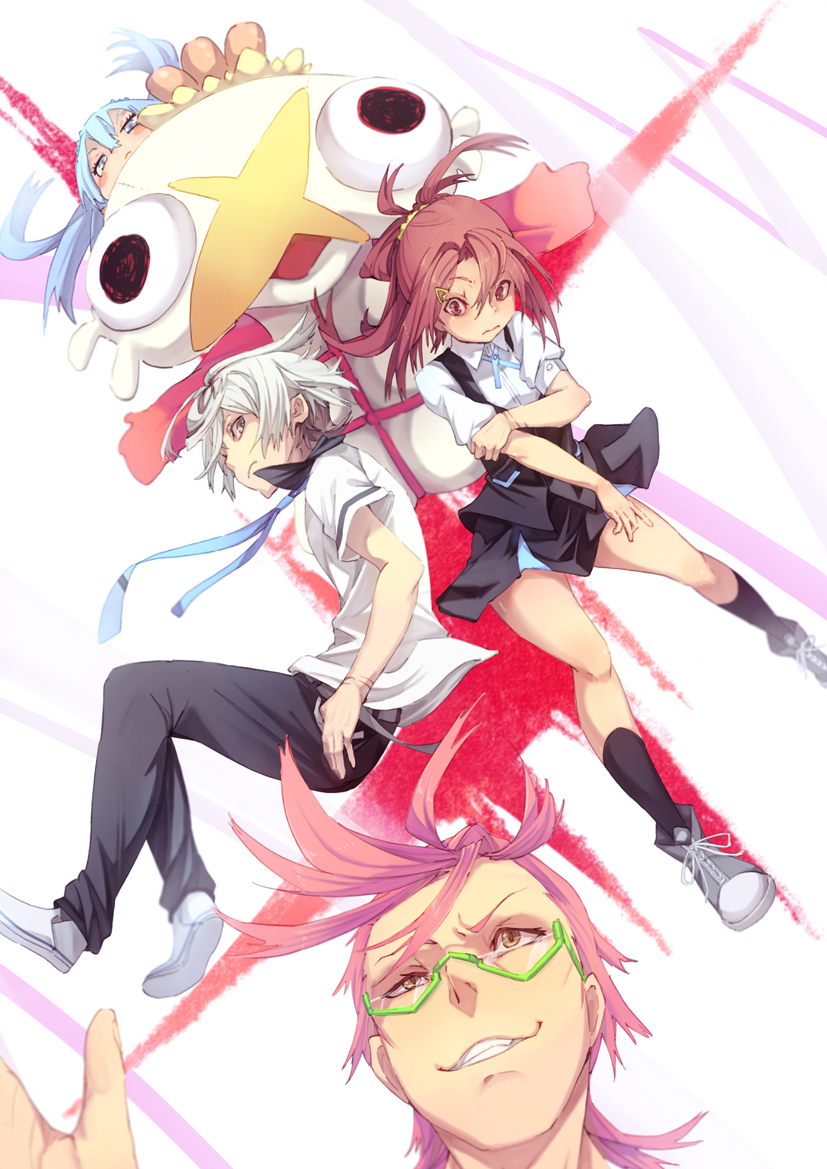 10s, 2boys, 2girls, agata_katsuhira, black_socks, blue_eyes, blue_hair, blush_stickers, brown_eyes, brown_hair, fu-ta, glasses, gomorin, grin, kiznaiver, kneehighs, long_hair, looking_at_viewer, multiple_boys, multiple_girls, pink_hair, ponytail, school_uniform, smile, socks, sonozaki_noriko, takashiro_chidori, teeth, tenga_hajime, white_hair
