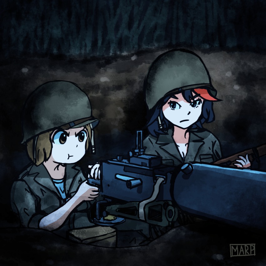 10s, 2girls, :t, artist_request, black_hair, blue_eyes, brown_eyes, brown_hair, browning_m1917, gun, heavy_machine_gun, helmet, highres, kill_la_kill, m1_garand, machine_gun, mankanshoku_mako, matoi_ryuuko, military, military_uniform, multicolored_hair, multiple_girls, night, red_hair, rifle, short_hair, trench, unbuttoned, weapon, world_war_ii