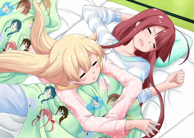 >_<, 0_0, 10s, 2girls, =_=, ahoge, black_ribbon, blanket