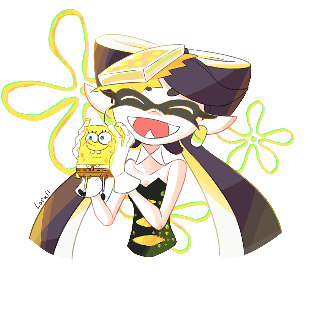 +_+, 1girl, artist_name, black_hair, bow, buck_teeth, callie_(splatoon), callie_(squid_sisters_outfit)_(splatoon)