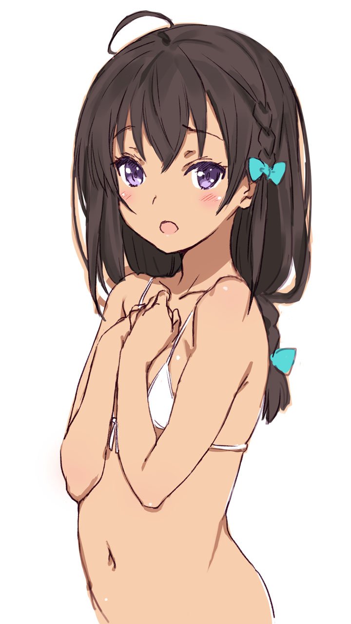 10s, 1girl, ahoge, bikini, black_hair, blush, braid, breasts