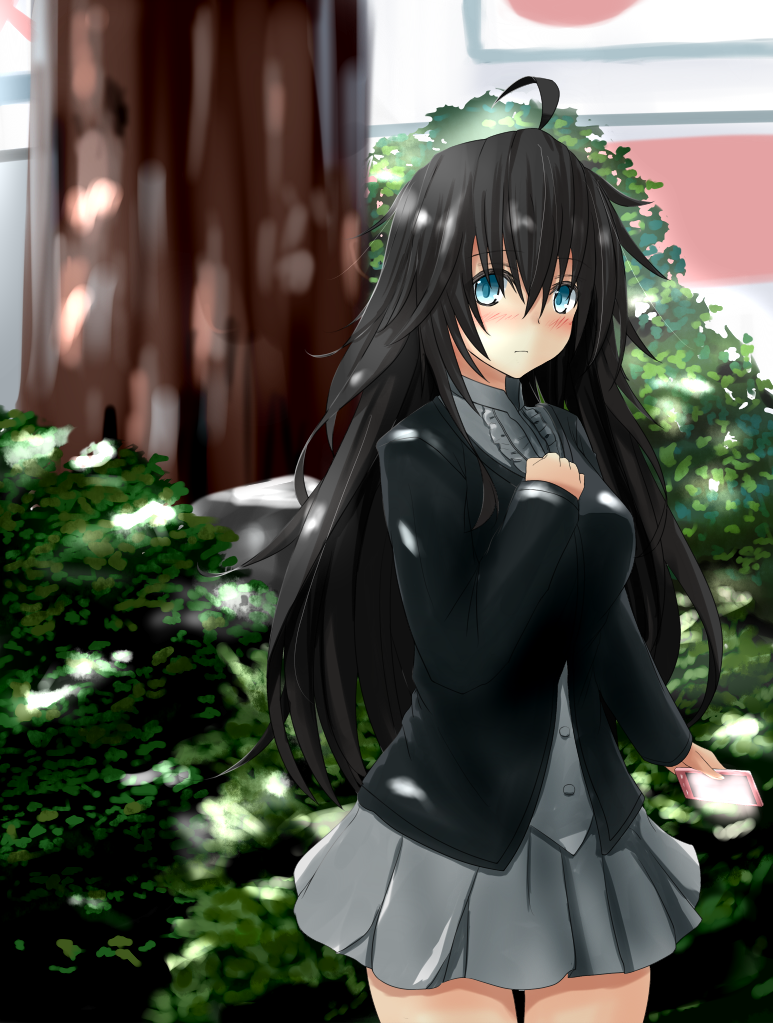 10s, 1girl, ahoge, black_hair, blue_eyes, blush, dappled_sunlight, day, female_focus, hand_on_own_chest, holding, holding_phone, long_hair, long_sleeves, looking_at_viewer, netoge_no_yome_wa_onna_no_ko_janai_to_omotta?, outdoors, phone, plant, pleated_skirt, skirt, solo, sunlight, takemitsu-zamurai, tamaki_ako, tree