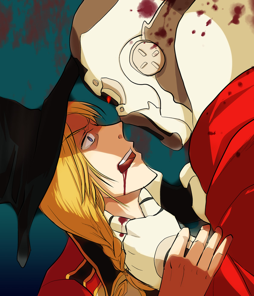 blood, blood_from_mouth, dio_(kyokugen_dasshutsu), k_(kyokugen_dasshutsu), kyokugen_dasshutsu, kyokugen_dasshutsu_adv:_zennin_shibou_desu, looking_at_another, looking_down, looking_up, noko_(highnoko), strangling, tears