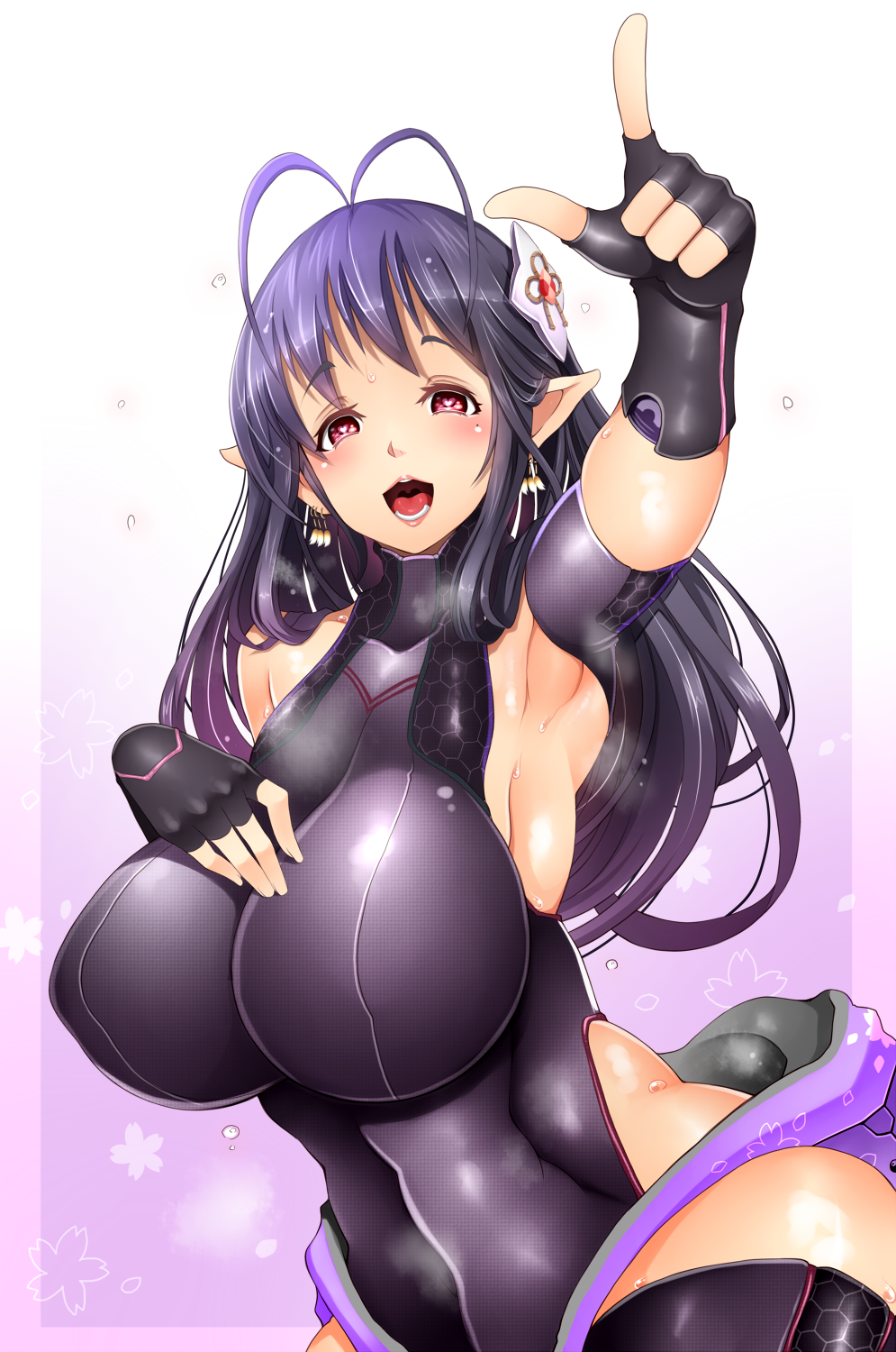 1girl, antenna_hair, arm_up, armpits, bare_shoulders, black_gloves, black_hair, blush