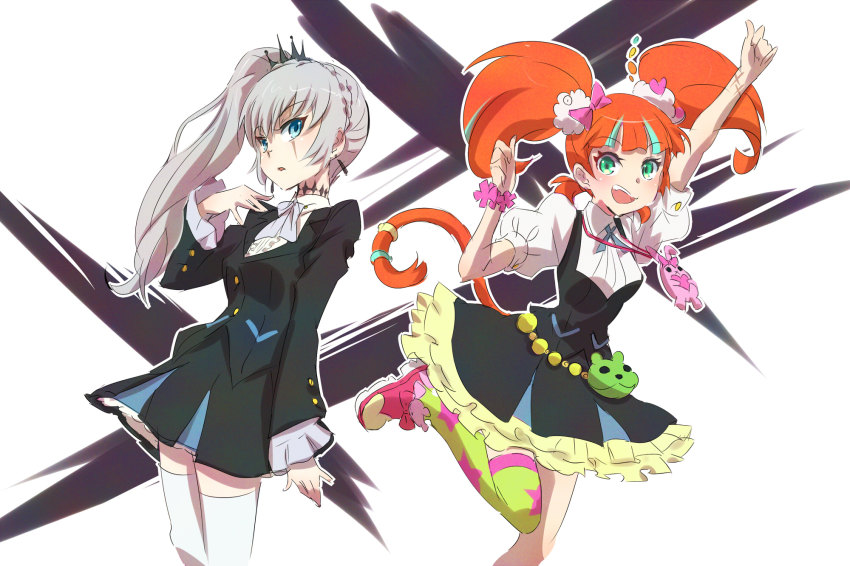 2girls, alternate_costume, blue_eyes, cat_tail, cosplay, earrings, green_eyes, highres, iesupa, jewelry, kiznaiver, multicolored_hair, multiple_girls, neon_katt, niiyama_nico, niiyama_nico_(cosplay), niyama_nico_(cosplay), orange_hair, rwby, scar, scar_on_face, side_ponytail, silver_hair, single_thighhigh, smile, sonozaki_noriko, sonozaki_noriko_(cosplay), streaked_hair, tail, tail_ornament, tail_ring, thighhighs, weiss_schnee