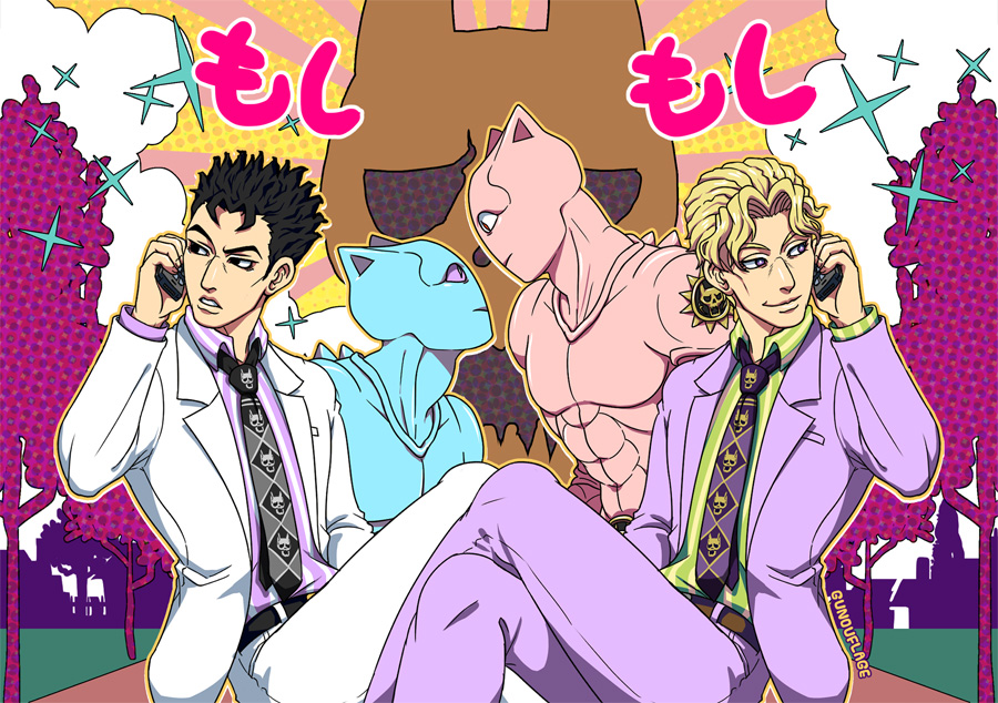 2boys, artist_name, black_eyes, black_hair, blonde_hair, cellphone, dual_persona, formal_clothes