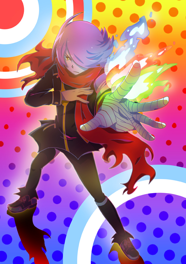 10s, 1boy, armband, bandaged_arm, bandages, blue_fire, colorful_background, concrete_revolutio