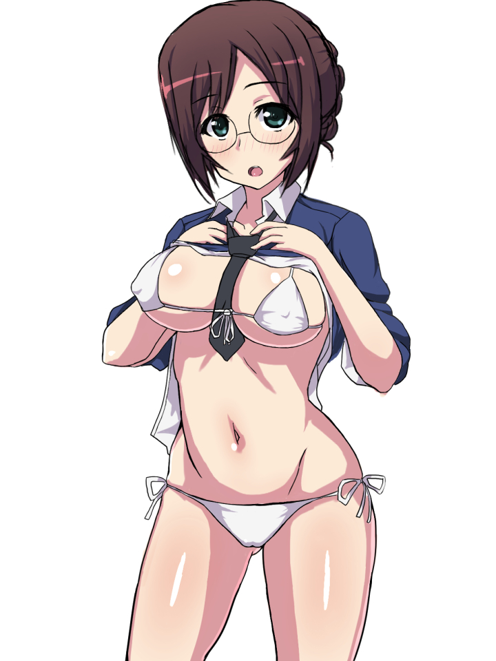 10s, 1girl, bikini, bikini_under_clothes, blue_eyes, blush, braid, breasts, brown_hair, bun_with_braided_base, clothes_lift, dress_shirt, female_focus, front-tie_bikini_top, front-tie_top, girls_und_panzer, glasses, hair_bun, large_breasts, looking_at_viewer, micro_bikini, mordeth, navel, necktie, nilgiri_(girls_und_panzer), nirugiri, no_pants, parted_lips, round_eyewear, school_uniform, shiny_skin, shirt, shirt_lift, short_hair, side-tie_bikini_bottom, solo, standing, sweater, swimsuit, swimsuit_under_clothes, v-neck, white_bikini, white_shirt