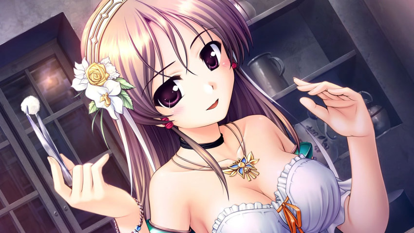 1girl, aiyoku_no_eustia, bare_shoulders, bekkankou, blush, bracelet, breasts, brown_eyes