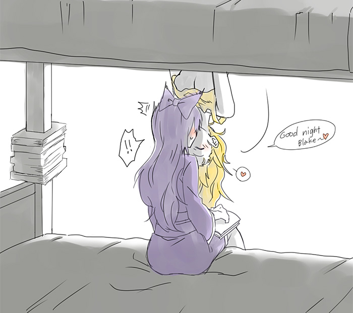 !, !!, 2girls, bed, blake_belladonna, blonde_hair, blush, book