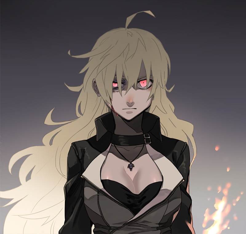 1girl, ahoge, angry, blonde_hair, blood, blood_on_face, breasts, bruise, bruised_eye, cleavage, female_focus, fire, frown, glowing, glowing_eyes, impending_doom, injury, jacket, jewelry, kuroda_(nanchara_flight), large_breasts, long_hair, looking_at_viewer, necklace, red_eyes, rwby, solo, yang_xiao_long