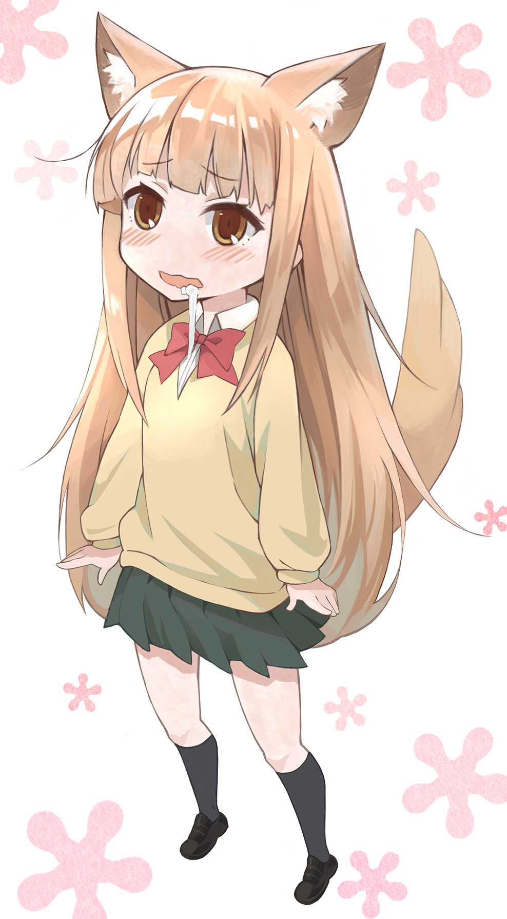 10s, 1girl, animal_ears, brown_eyes, brown_hair, dog_ears, dog_tail, drooling, female_focus, highres, long_hair, miyano_(tanaka-kun_wa_itsumo_kedaruge), miyano_(tanakeda), saliva, school_uniform, skirt, solo, tail, tanaka-kun_wa_itsumo_kedaruge, xuan_chu