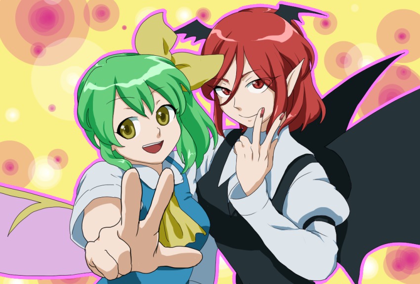 >:), 2girls, :d, alternate_eye_color, alternate_hair_length, alternate_hairstyle, armband, ascot