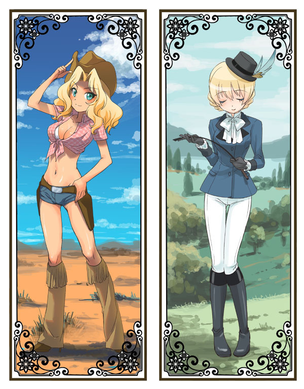 10s, 2girls, belt, black_footwear, blonde_hair, boots, breasts, brown_footwear, cleavage, cloud, cowboy, cowboy_boots, cowboy_hat, darjeeling_(girls_und_panzer), day, denim, denim_shorts, desert, girls_und_panzer, gloves, grass, hat, jockey, kacka, kay_(girls_und_panzer), knee_boots, medium_breasts, midriff, multiple_girls, riding_crop, short_shorts, shorts, sky, cowboy_western