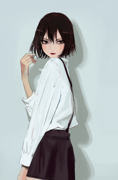 1boy, adjusting_hair, aged_down, androgynous, black_eyes, black_hair, blue_background, blush