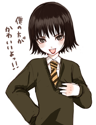 1boy, androgynous, black_eyes, black_hair, blush, child, eyelashes, hand_on_own_hip