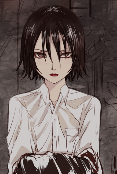 1boy, androgynous, black_hair, brown_eyes, eyelashes, frown, jaibo_(litchi_hikari_club), litchi_hikari_club