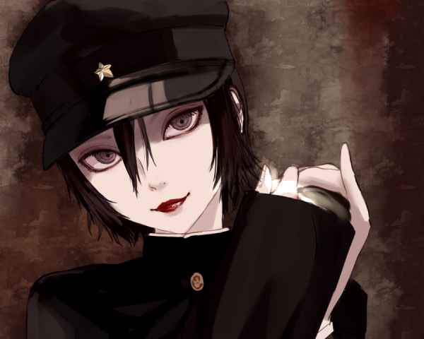 1boy, androgynous, black_hair, buttons, eyelashes, gakuran, grey_eyes, hat