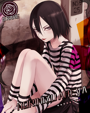 1boy, aged_down, androgynous, black_hair, card, child, grey_eyes, indoors, jaibo_(litchi_hikari_club), knees_up, litchi_hikari_club, looking_at_viewer, lowres, male_focus, maruino, shirt, shorts, sitting, smile, socks, solo, striped_clothes, striped_shirt, striped_socks, suspenders, tsurime