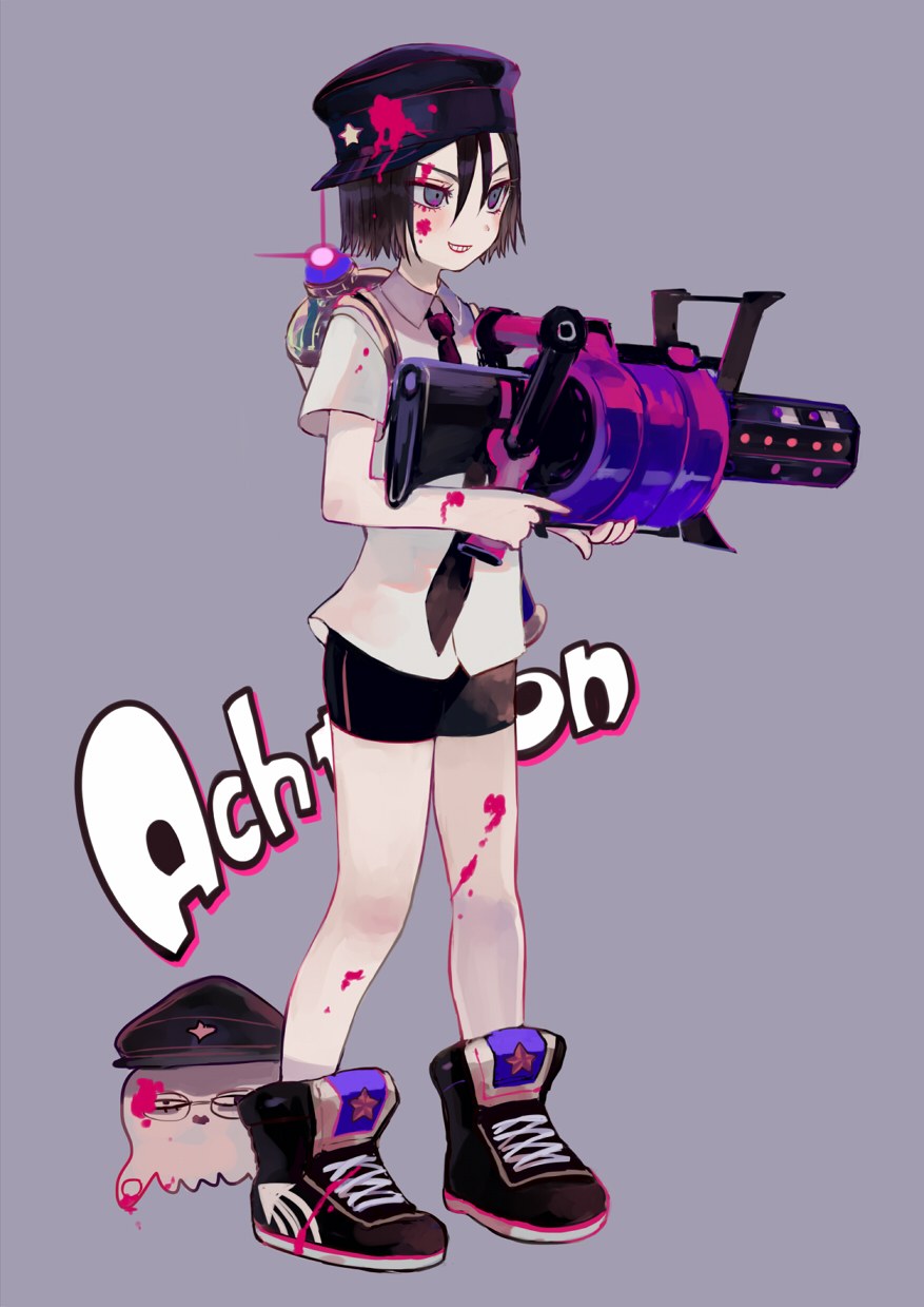 1boy, androgynous, black_hair, blue_eyes, child, crossover, full_body, glasses, gun, hat, highres, jaibo_(litchi_hikari_club), litchi_hikari_club, male_focus, maruino, necktie, nintendo, rifle, shoes, shorts, simple_background, smile, solo, splatoon_(series), tsurime, weapon, aged_down