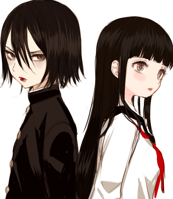 1boy, 1girl, androgynous, bags_under_eyes, black_hair, blush, eyelashes, from_side
