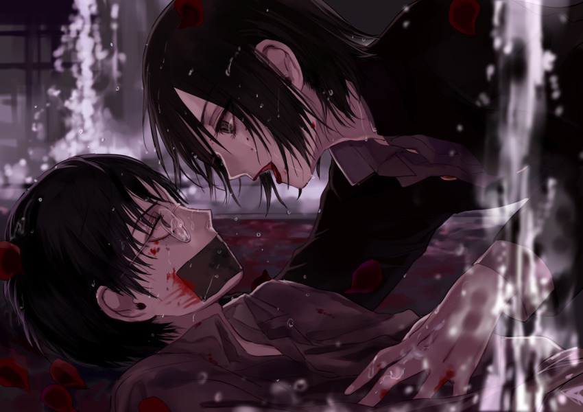 2boys, androgynous, black_hair, blood, brown_eyes, crying, eyelashes, flower
