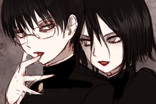 2boys, androgynous, black_hair, eyelashes, finger_to_mouth, gakuran, glasses, grey_eyes