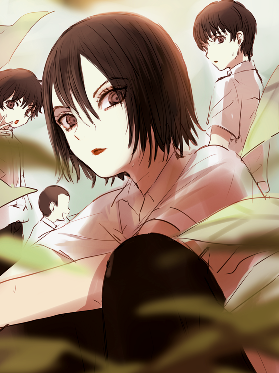 4boys, aged_down, androgynous, black_hair, brown_eyes, brown_hair, child, closed_mouth, eyelashes, hand_on_own_face, jaibo_(litchi_hikari_club), leaf, litchi_hikari_club, looking_at_viewer, male_focus, maruino, multiple_boys, open_mouth, outdoors, pov, raizou_(litchi_hikari_club), school_uniform, sky, sweat, tamiya_(litchi_hikari_club), yakobu_(litchi_hikari_club)