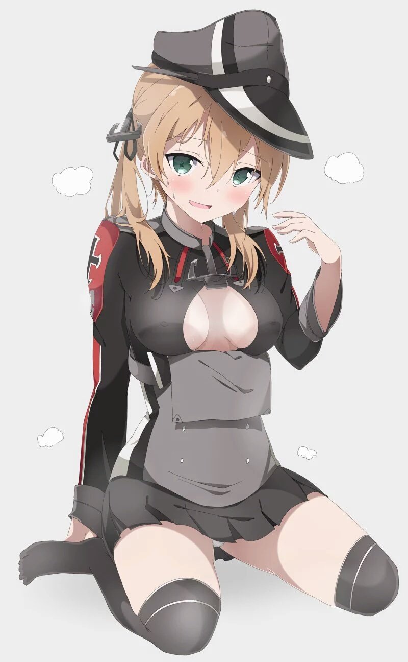 10s, 1girl, blonde_hair, blush, breasts, cleavage, female_focus, green_eyes