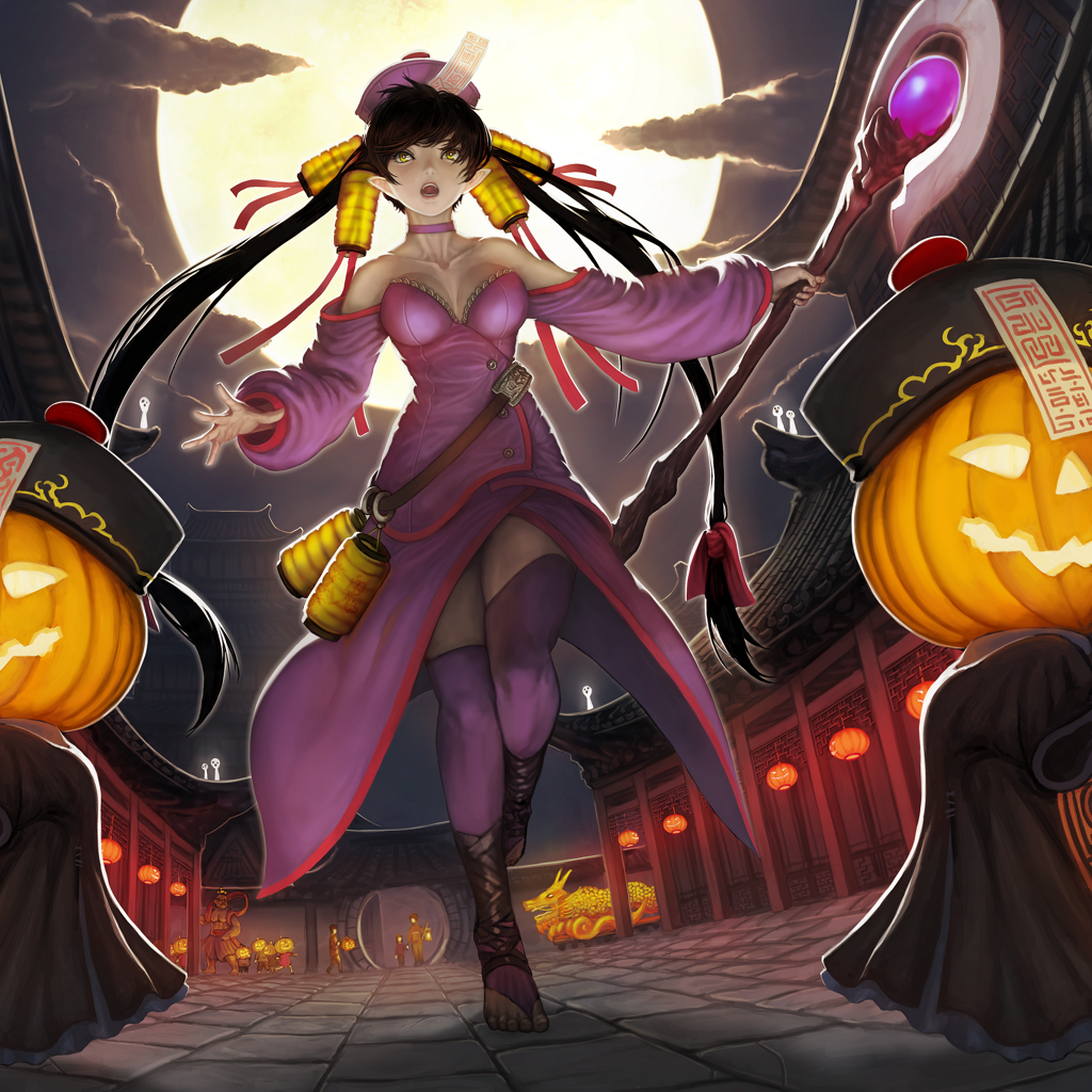 architecture, banajune, bare_shoulders, barefoot, black_hair, chinese_clothes, choker, collarbone