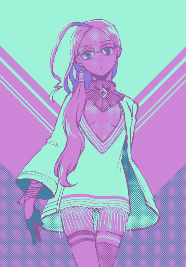 10s, 1girl, ahoge, asymmetrical_legwear, dark-skinned_female, dark_skin, fate/extra, fate/extra_ccc, fate_(series), female_focus, flat_chest, glasses, gloves, jewelry, legs, light_purple_hair, long_hair, monochrome, purple_eyes, rani_viii, solo, takeshi_kai, uneven_legwear