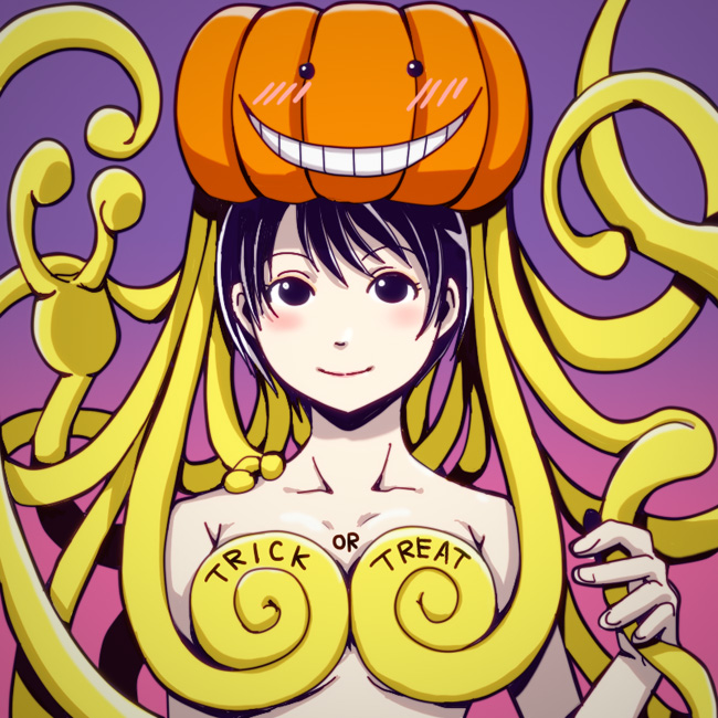 10s, ansatsu_kyoushitsu, black_hair, covering_privates, covering_breasts, halloween, koro-sensei, looking_at_viewer
